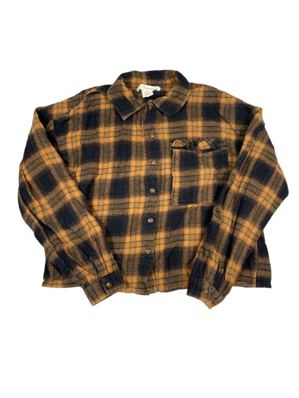 Passport Womens Plaid Flannel Button-Up Crop Shirt Orange/Black Small 100% Cotto